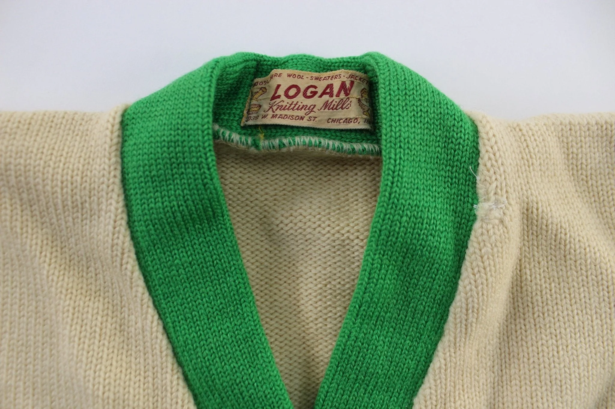 50's Logan Knitting Mills Cream & Green Cardigan - Image 3
