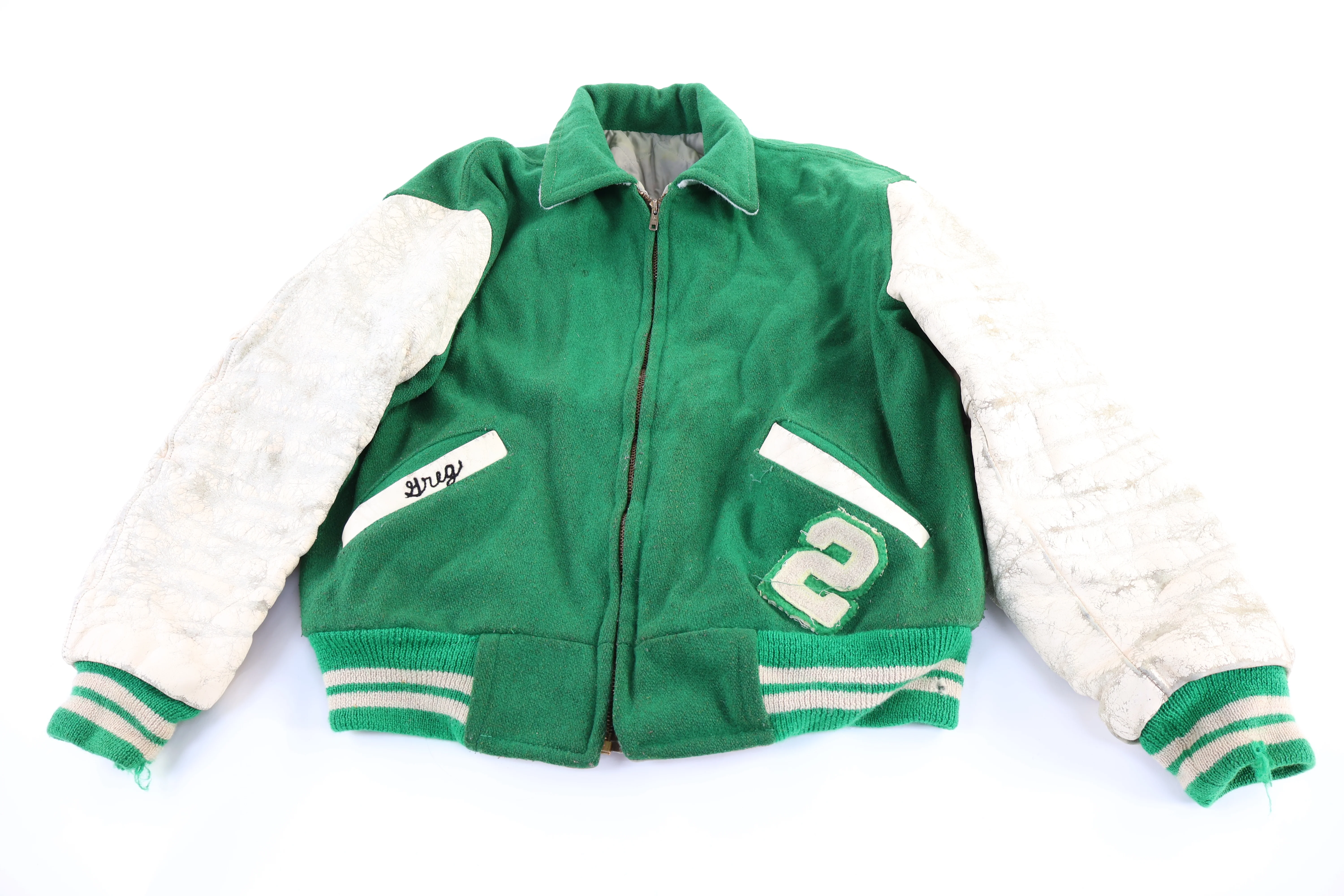 70's Univeristy of Notre Dame White & Green Full Zip Varsity Jacket
