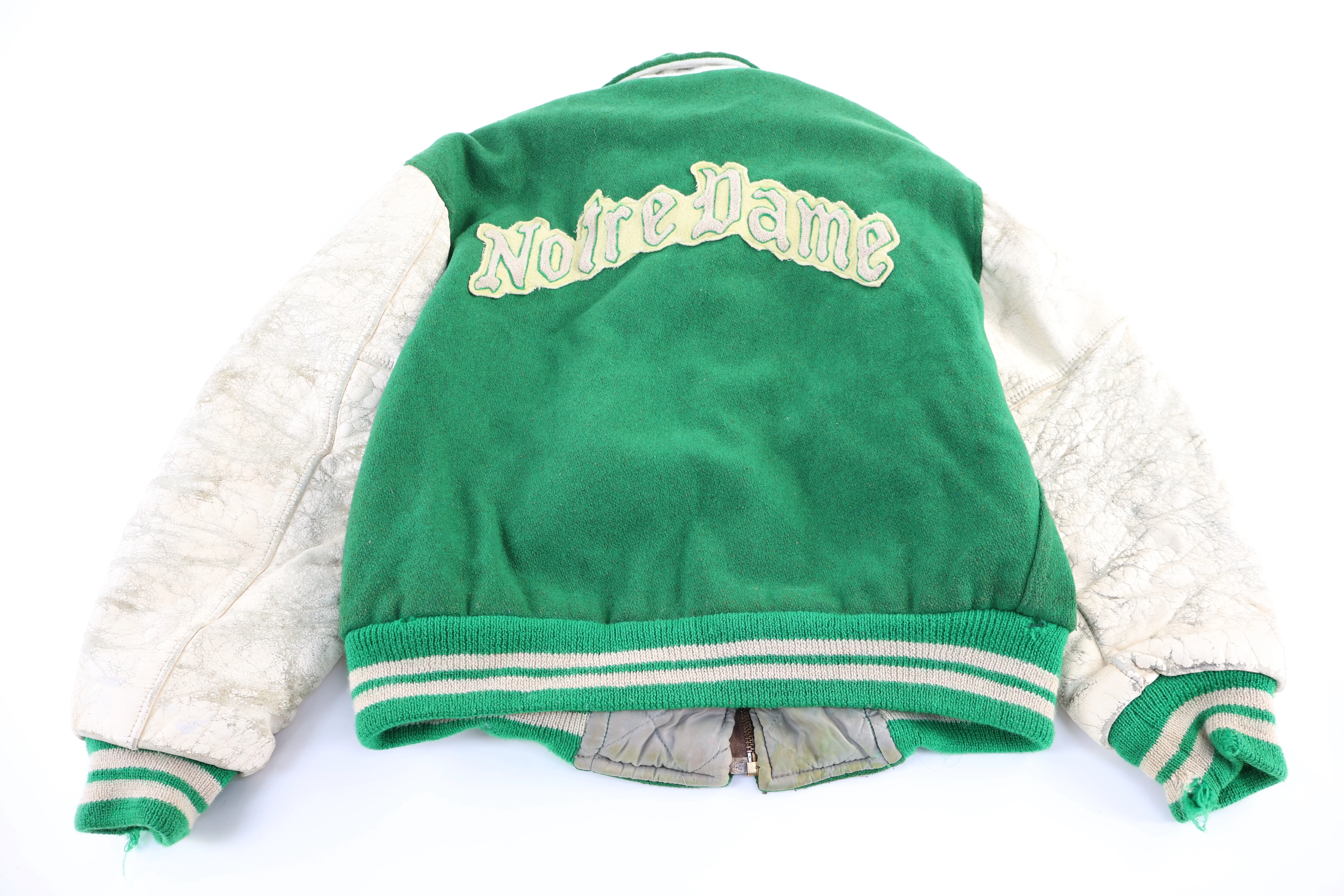 70's Univeristy of Notre Dame White & Green Full Zip Varsity Jacket - Image 2