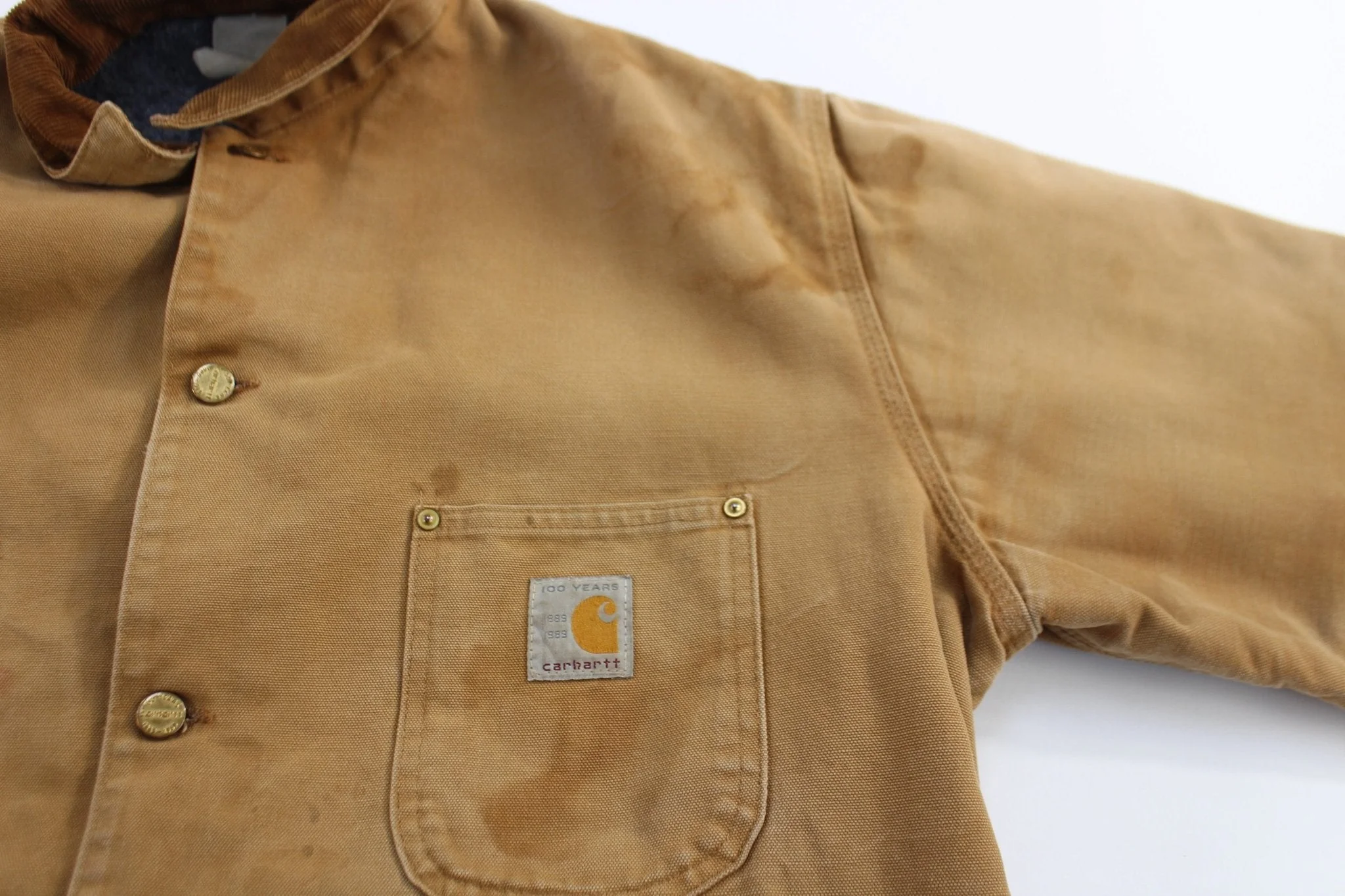 80's Carhartt Logo Patch Tan Blanket Lined Chore Jacket - Image 3