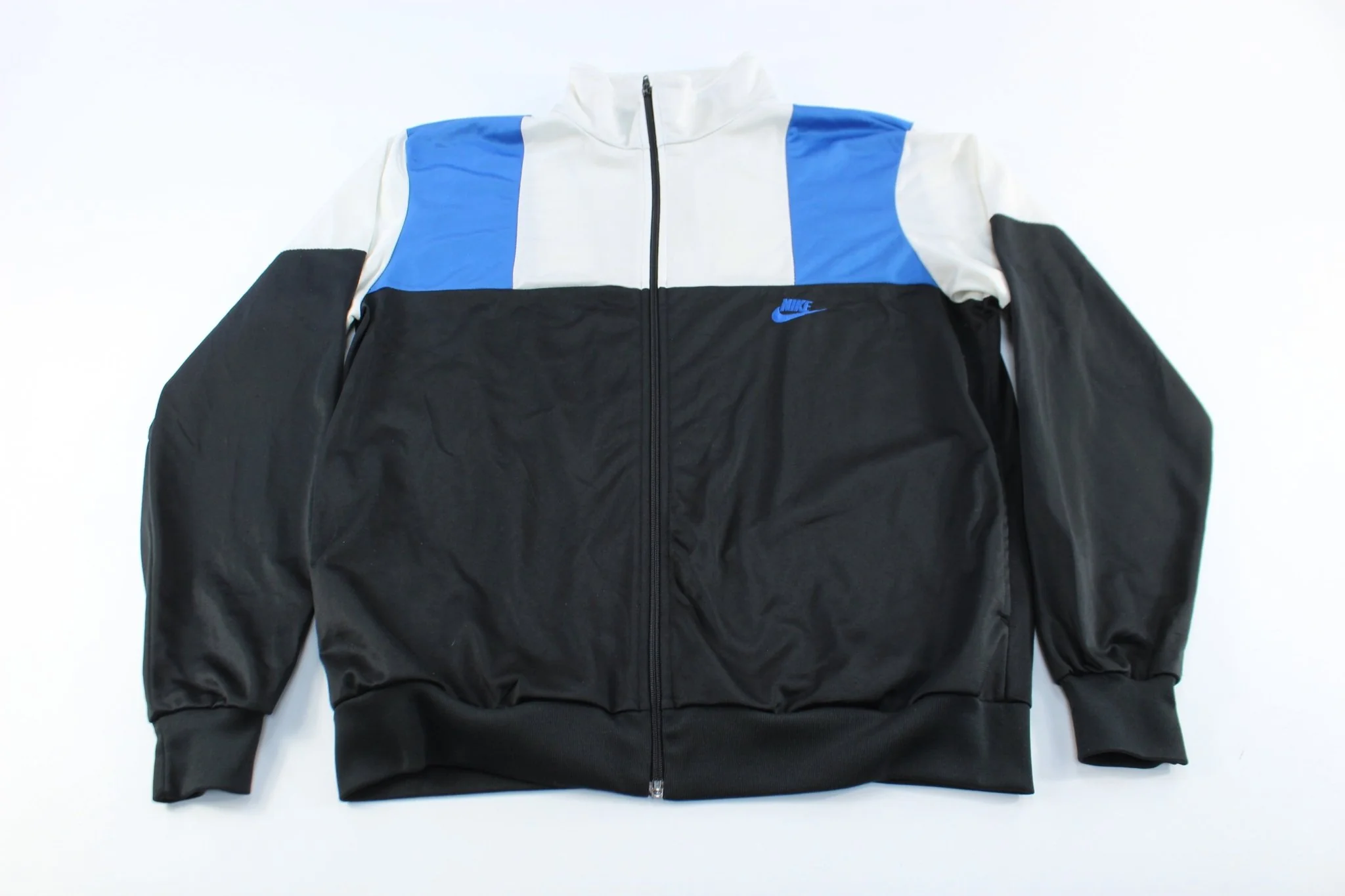 80's Nike Embroidered Logo Black, Blue, & White Zip Up Jacket