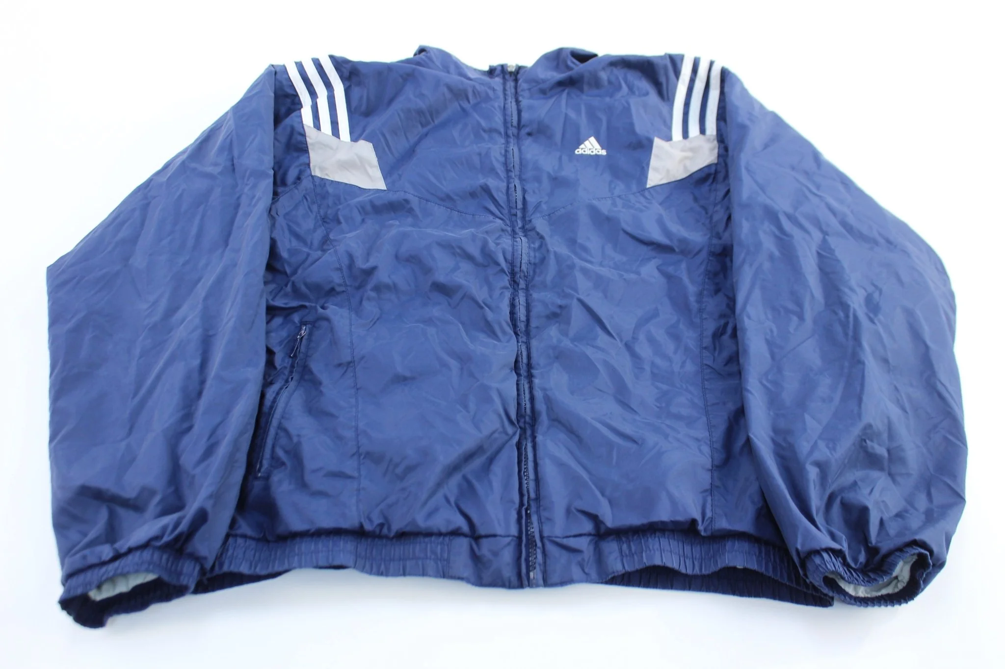 90's Adidas Embroidered Logo Blue, Grey, & White Striped Jacket