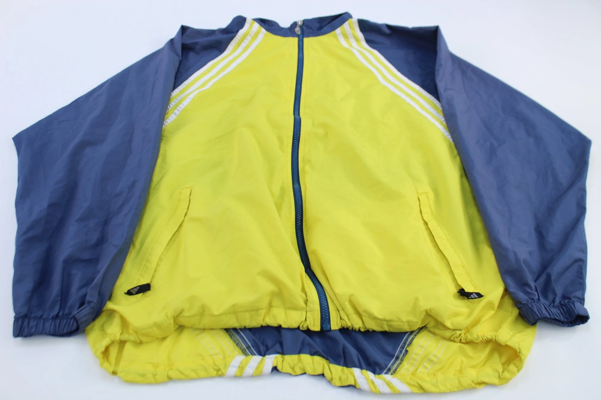 90's Adidas Embroidered Logo Blue, White, & Yellow Striped Zip Up Jacket