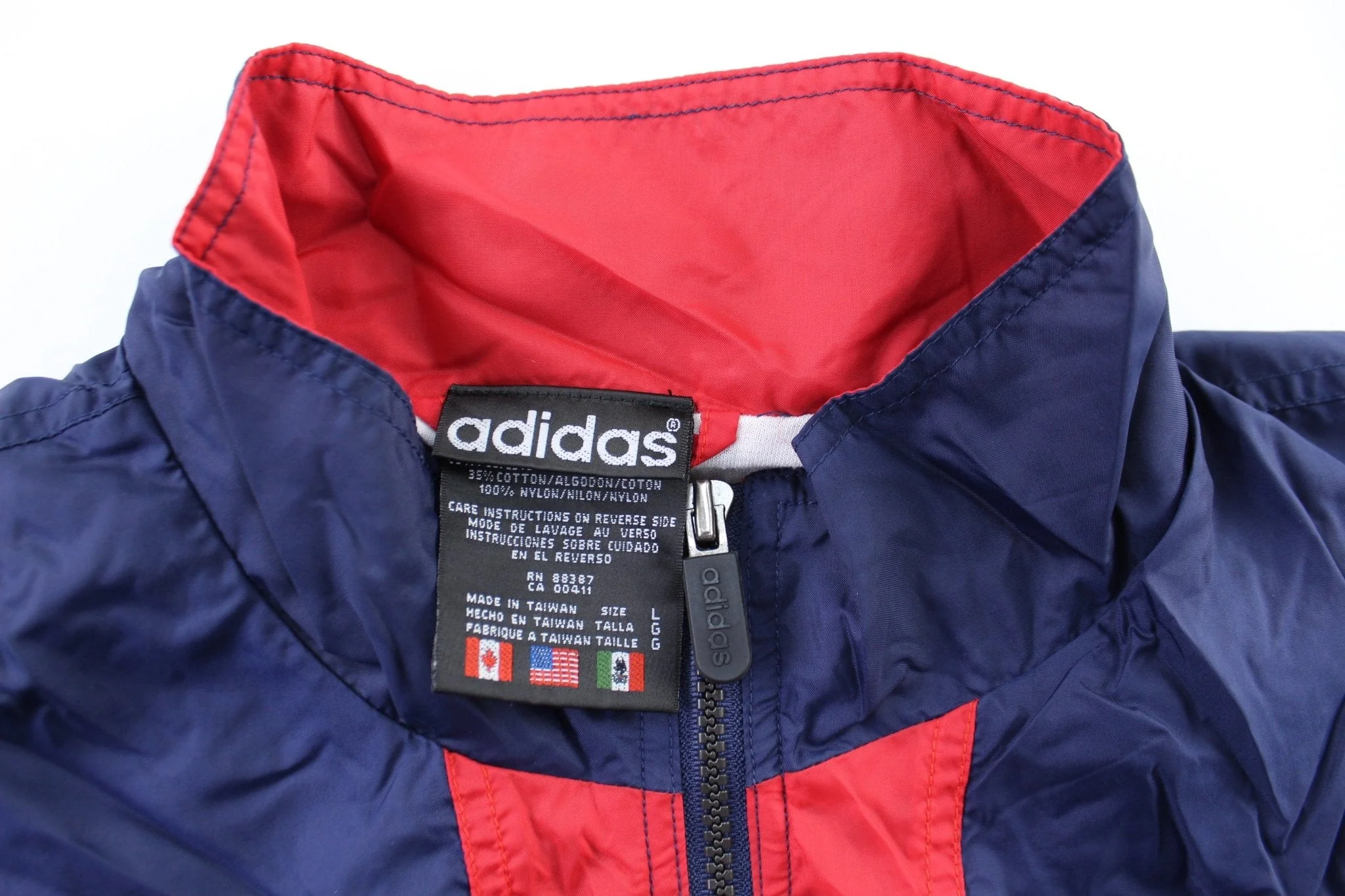 90's Adidas Embroidered Logo Navy Blue, Red, & White Striped Zip Up Jacket - Image 3