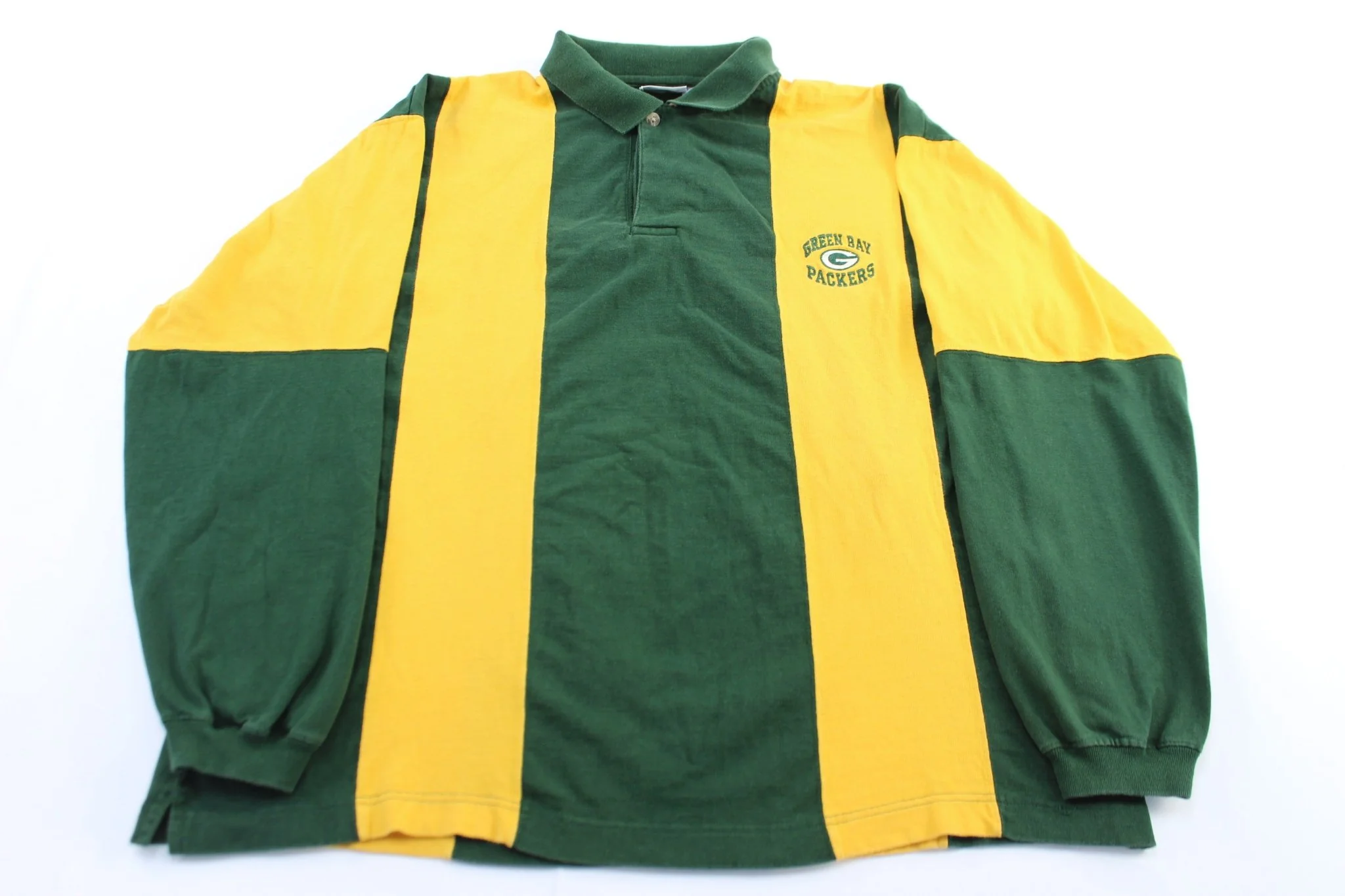 90's Green Bay Packers Green & Yellow Striped LS Button Up Polo