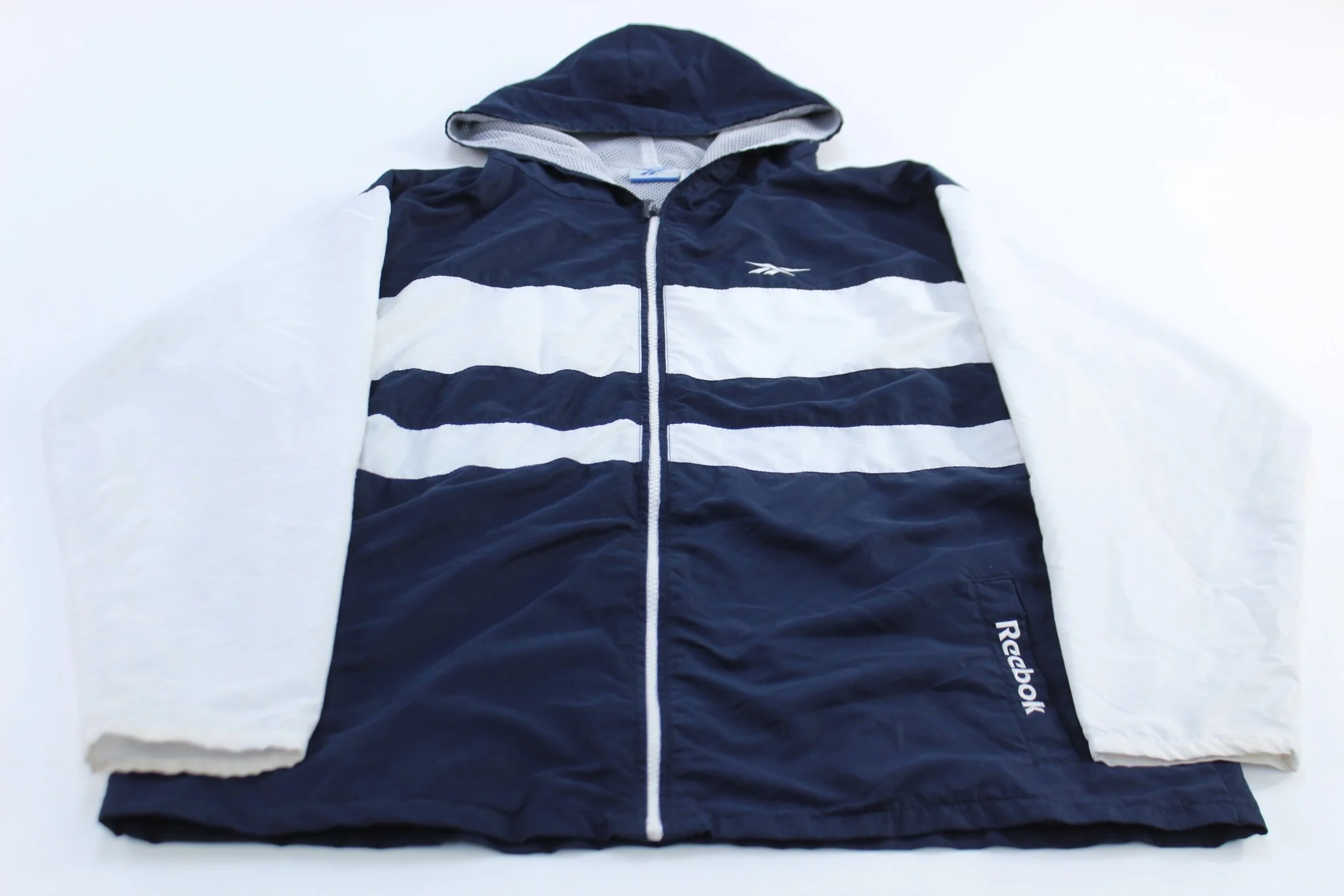 Women's Vintage Reebok Embroidered Logo Blue & White Striped Zip Up Jacket
