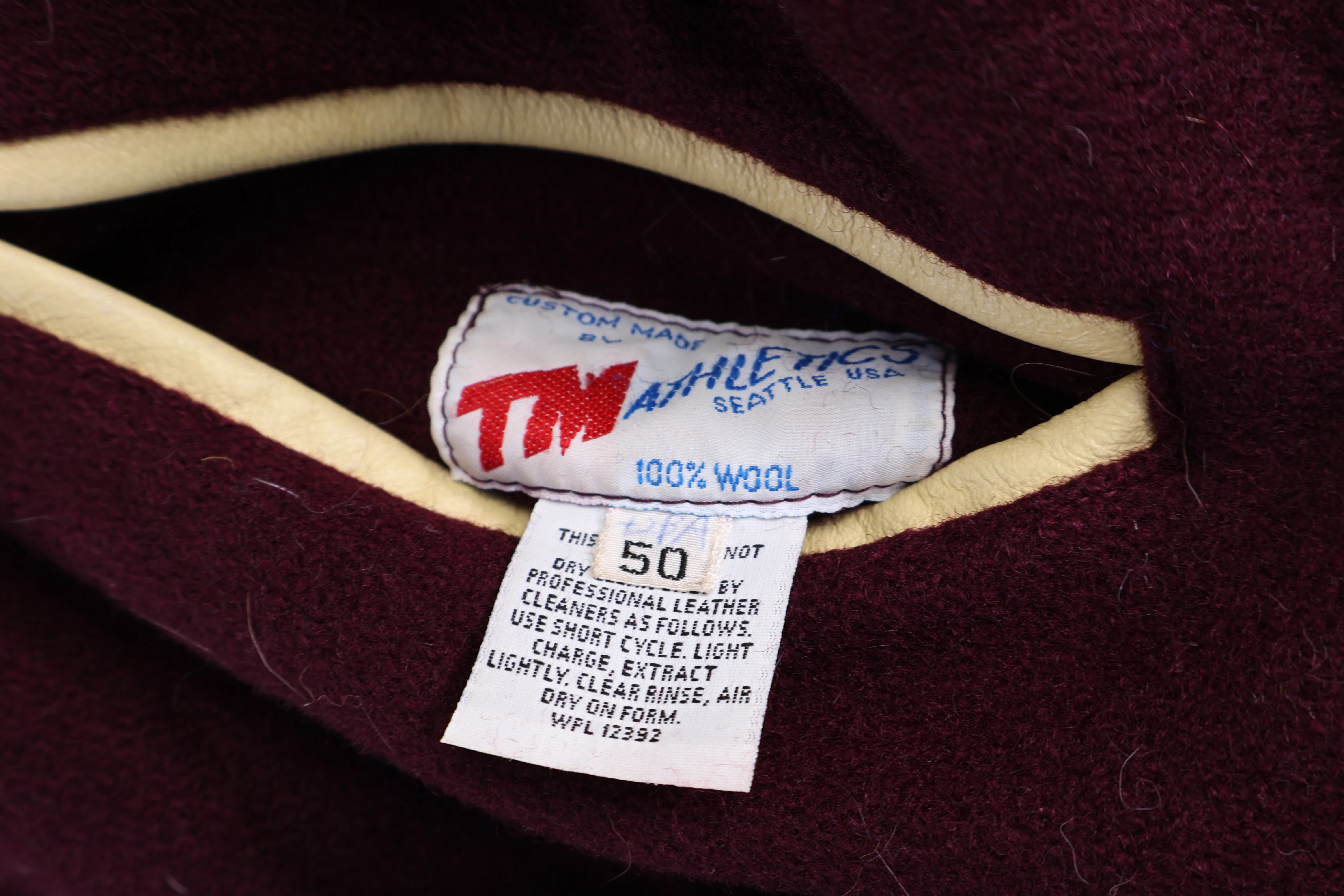 90's TM Athletics Maroon & Cream Varsity Jacket - Image 3