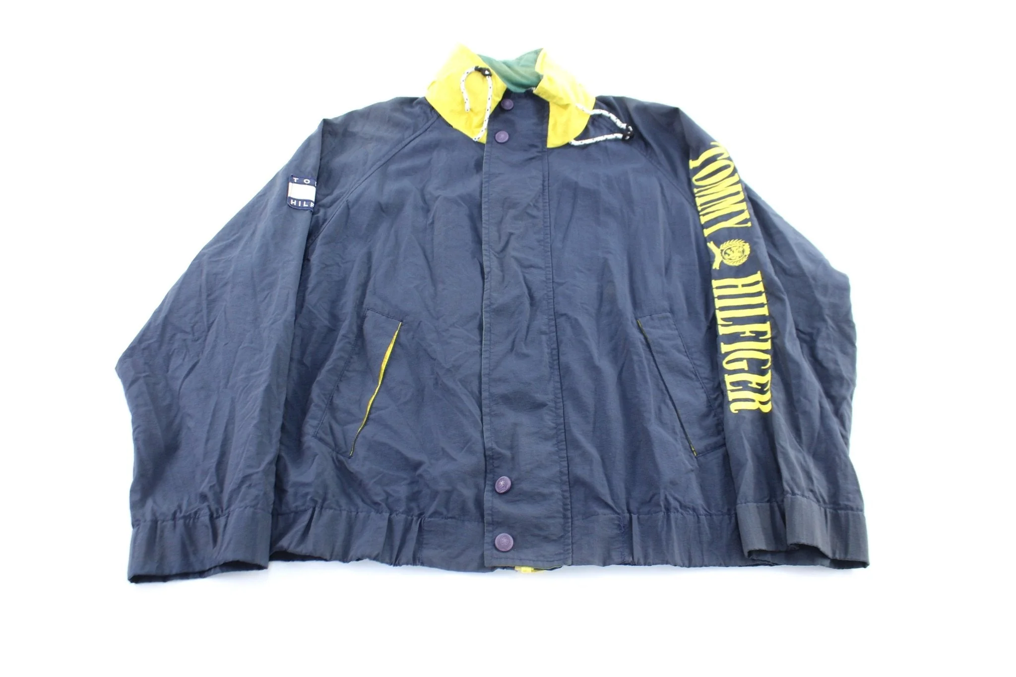 90's Tommy Hilfiger Embroidered Logo Navy Blue & Yellow Zip Up Jacket - Image 2