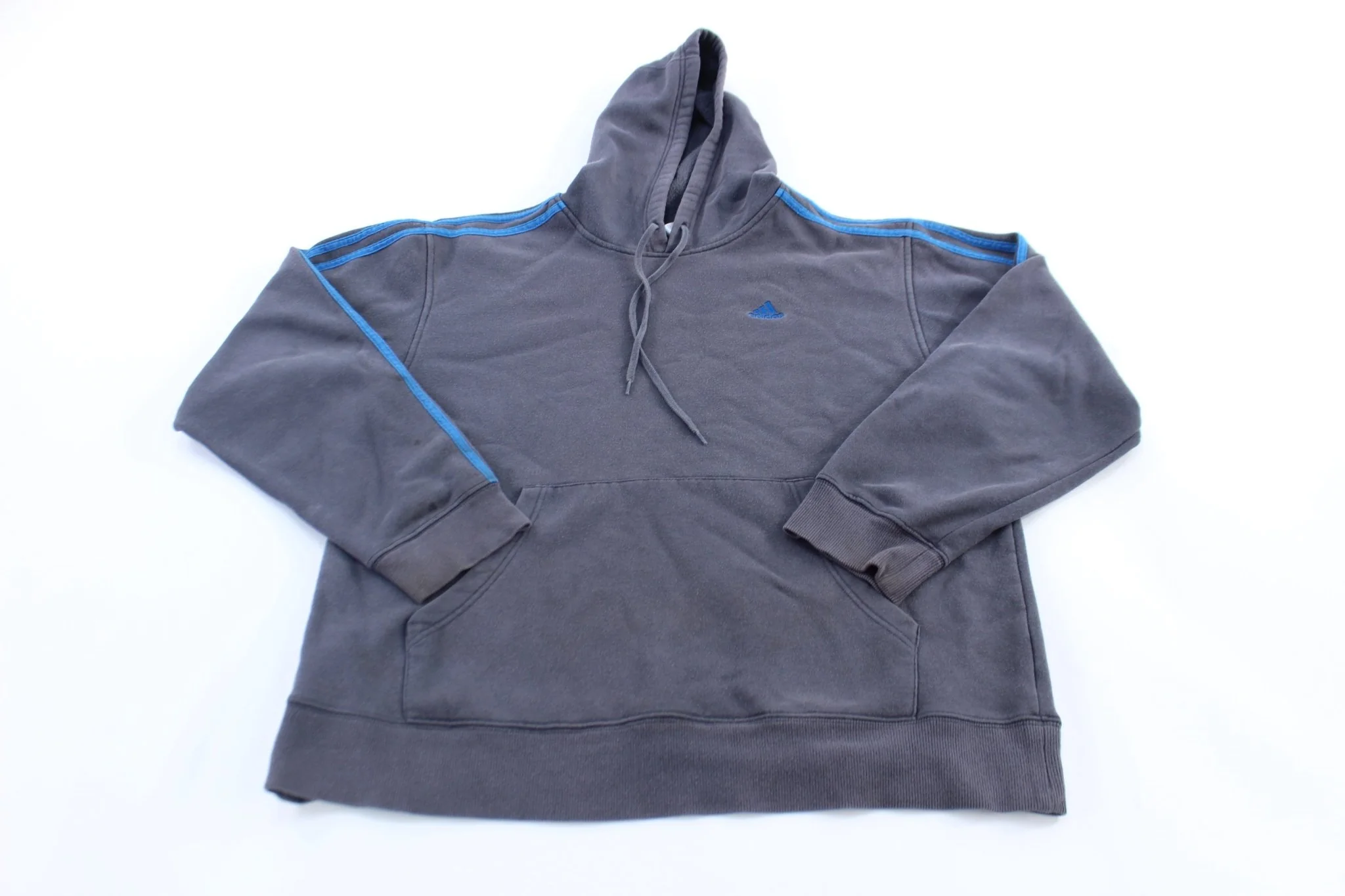 Adidas Embroidered Logo Blue & Grey Striped Pullover Hoodie
