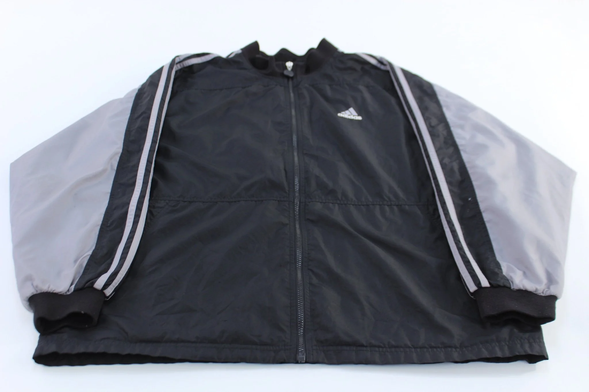 Adidas Embroidered Logo Grey & Black Striped Zip Up Jacket