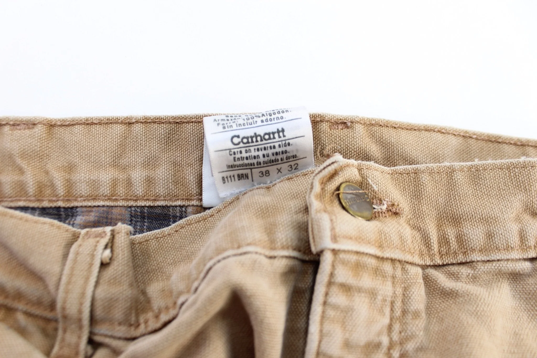 Carhartt Logo Patch Light Tan Plaid Lined Carpenter Pants - Image 4