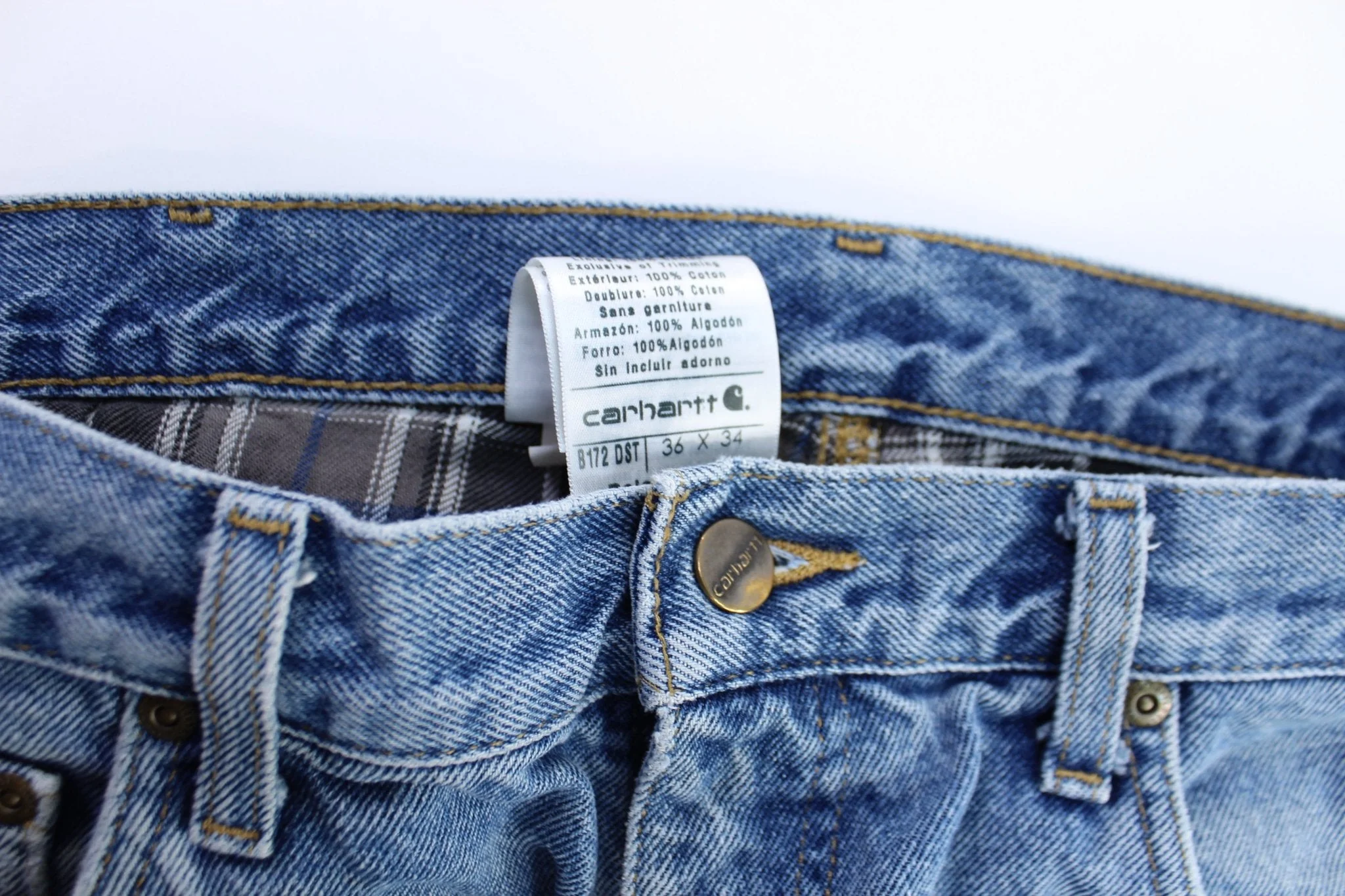 Carhartt Logo Patch Plaid Lined Denim Jeans - Image 3
