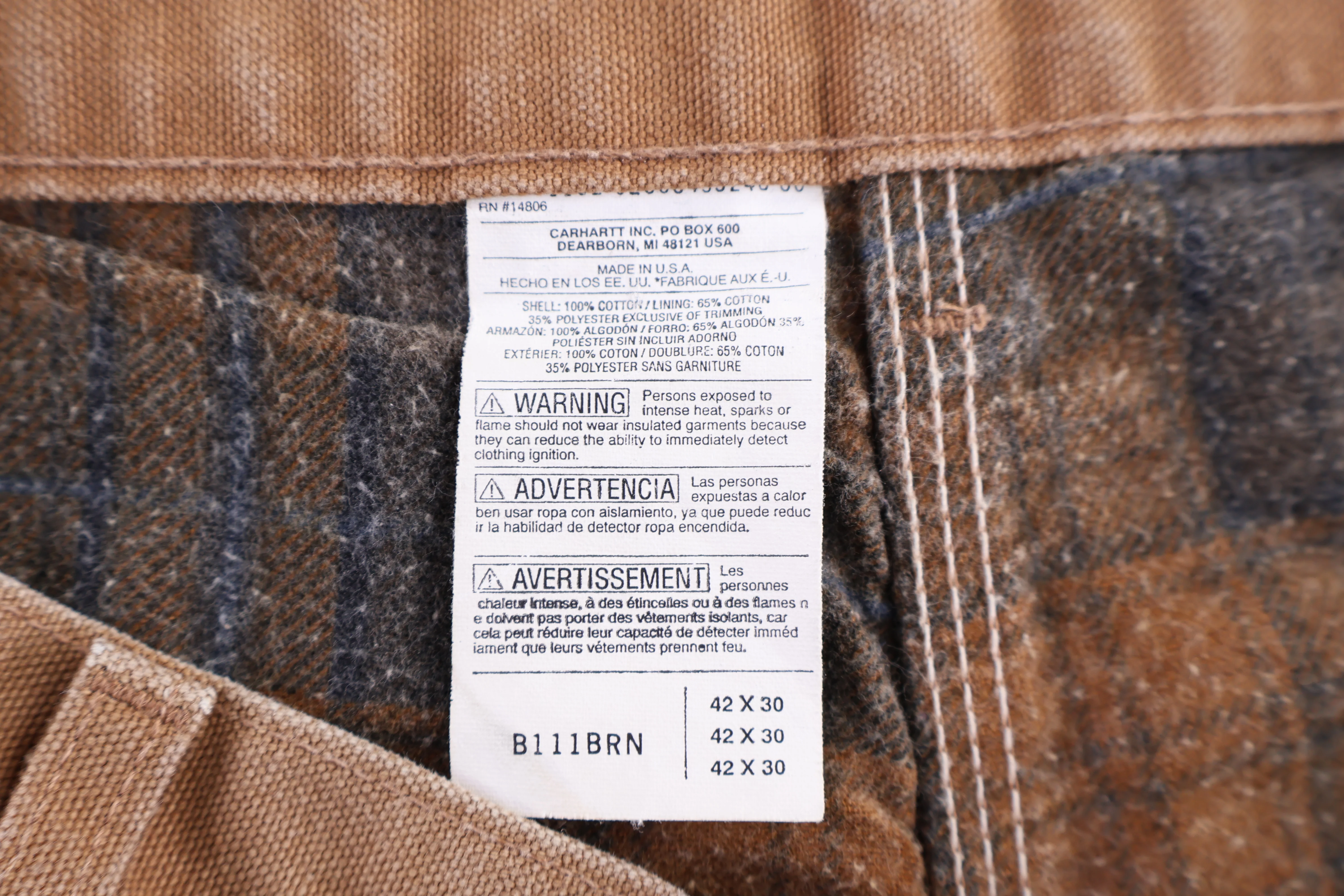 Carhartt Logo Patch Tan Flannel Lined Pants - Image 3