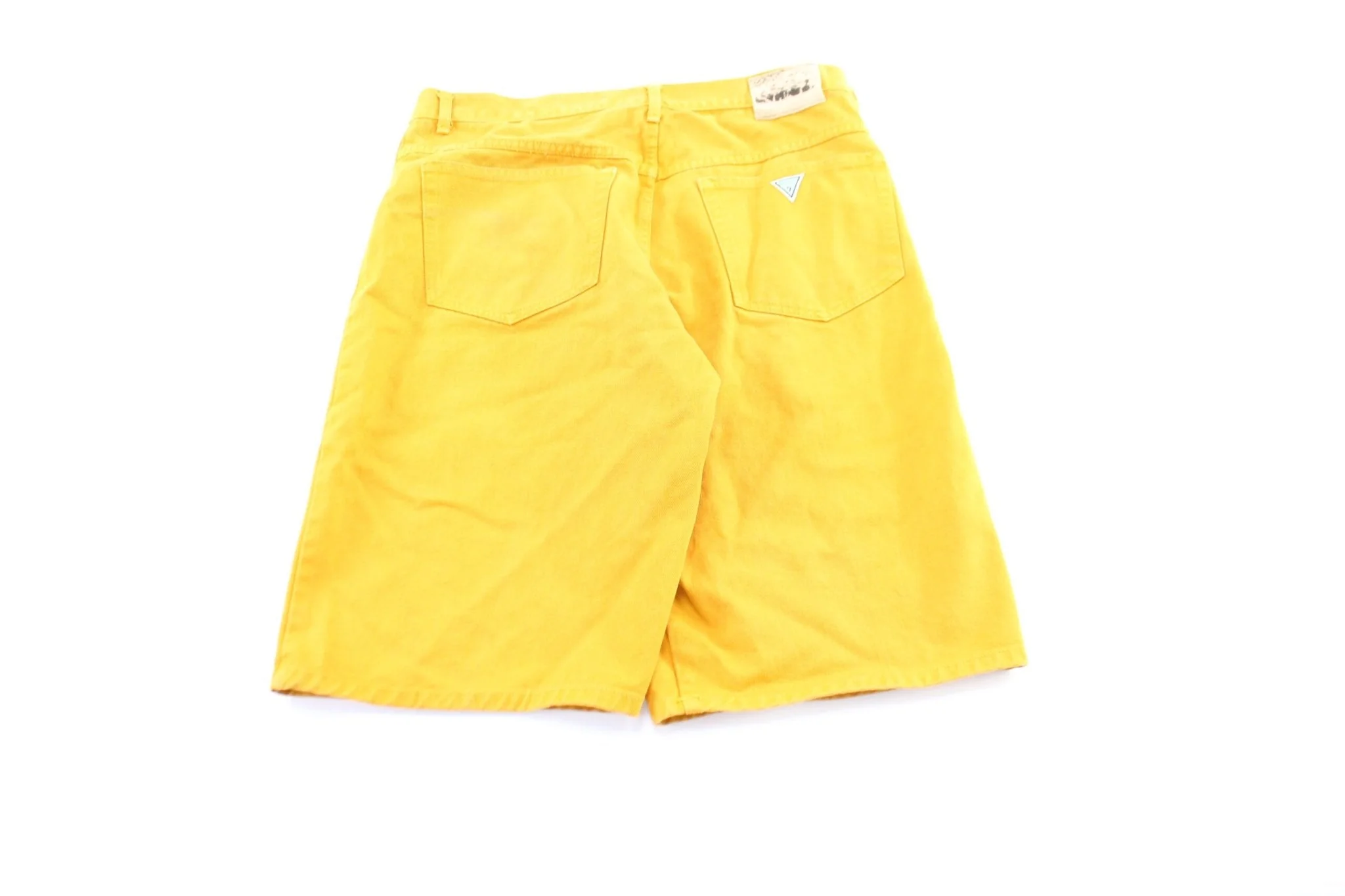 Vintage Guess Logo Patch Yellow Wash Denim Shorts - Image 2