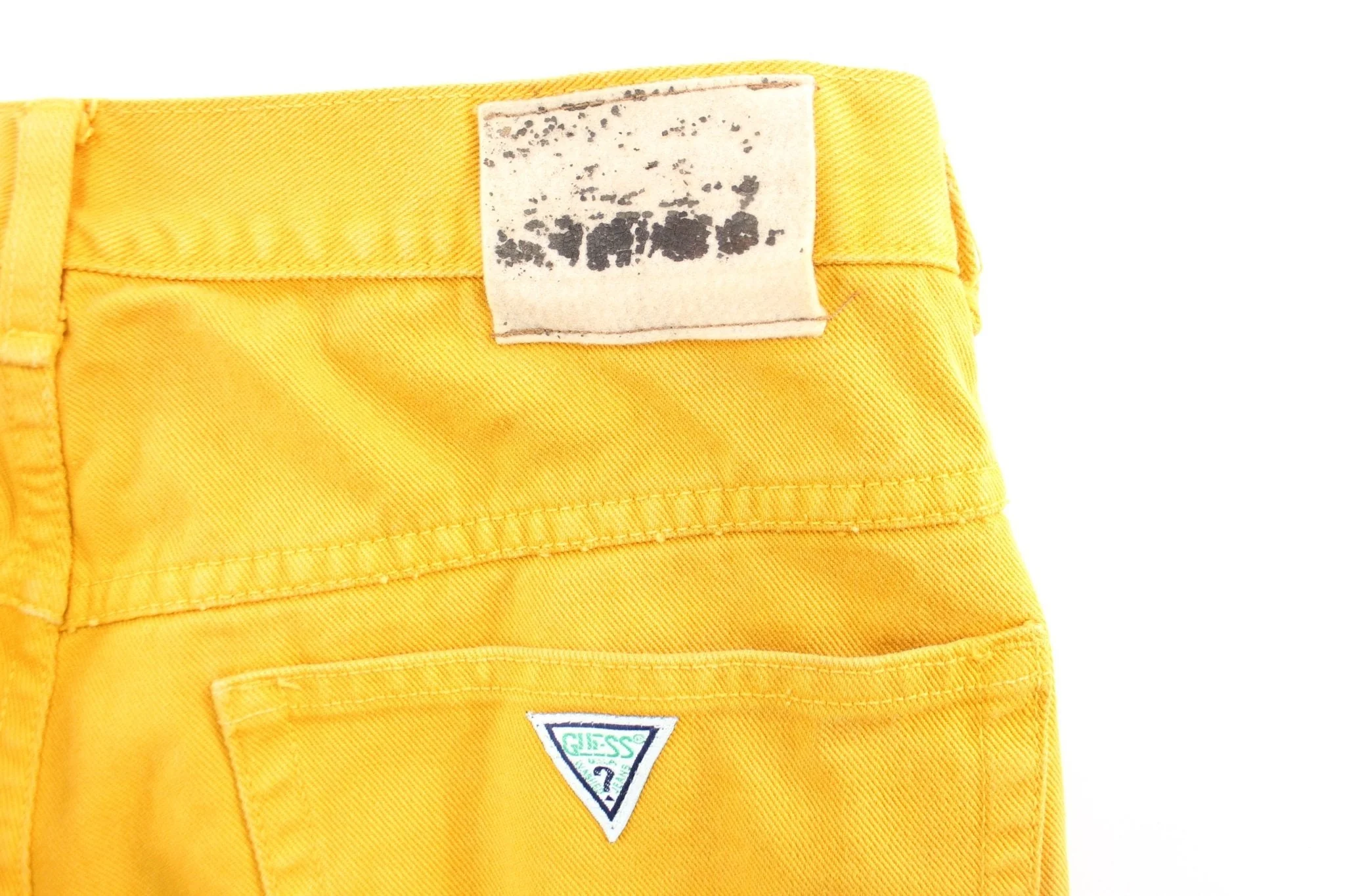 Vintage Guess Logo Patch Yellow Wash Denim Shorts - Image 3
