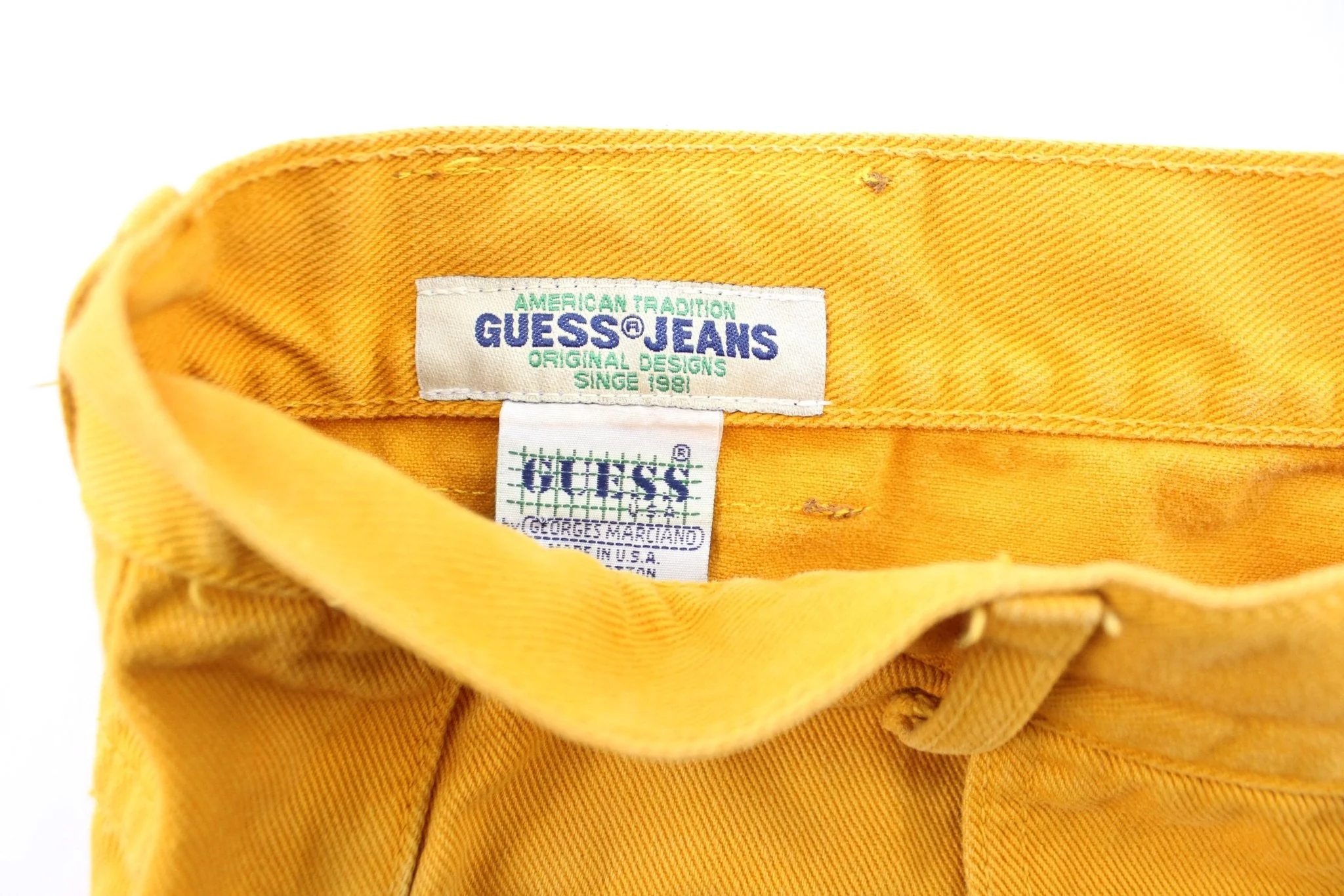 Vintage Guess Logo Patch Yellow Wash Denim Shorts - Image 4