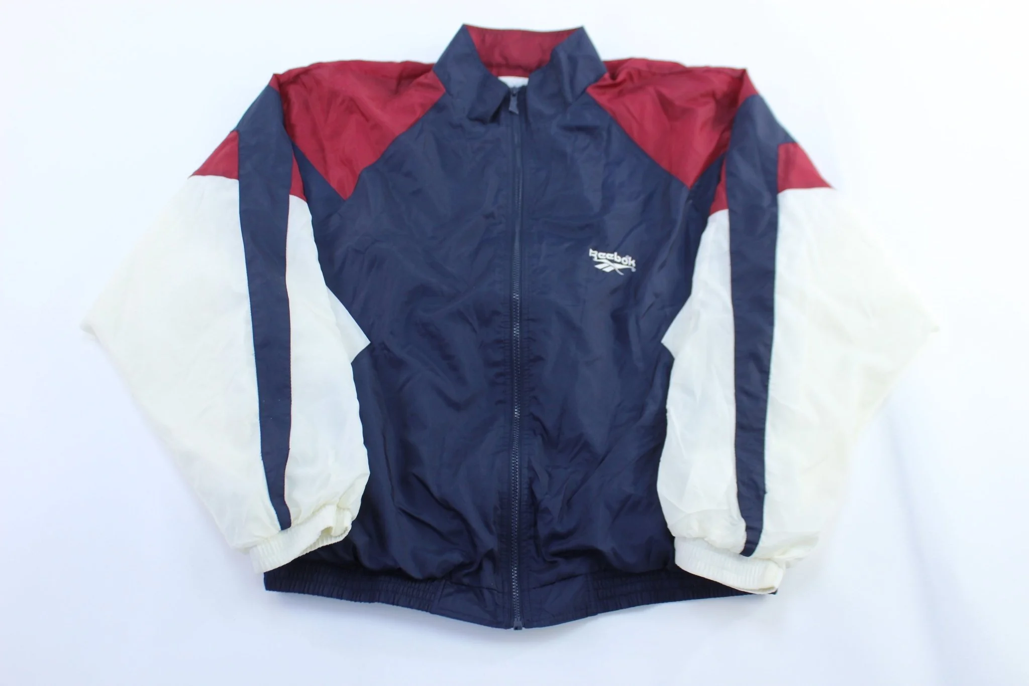 Vintage Reebok Embroidered Logo Blue, White, & Burgundy Zip Up Jacket