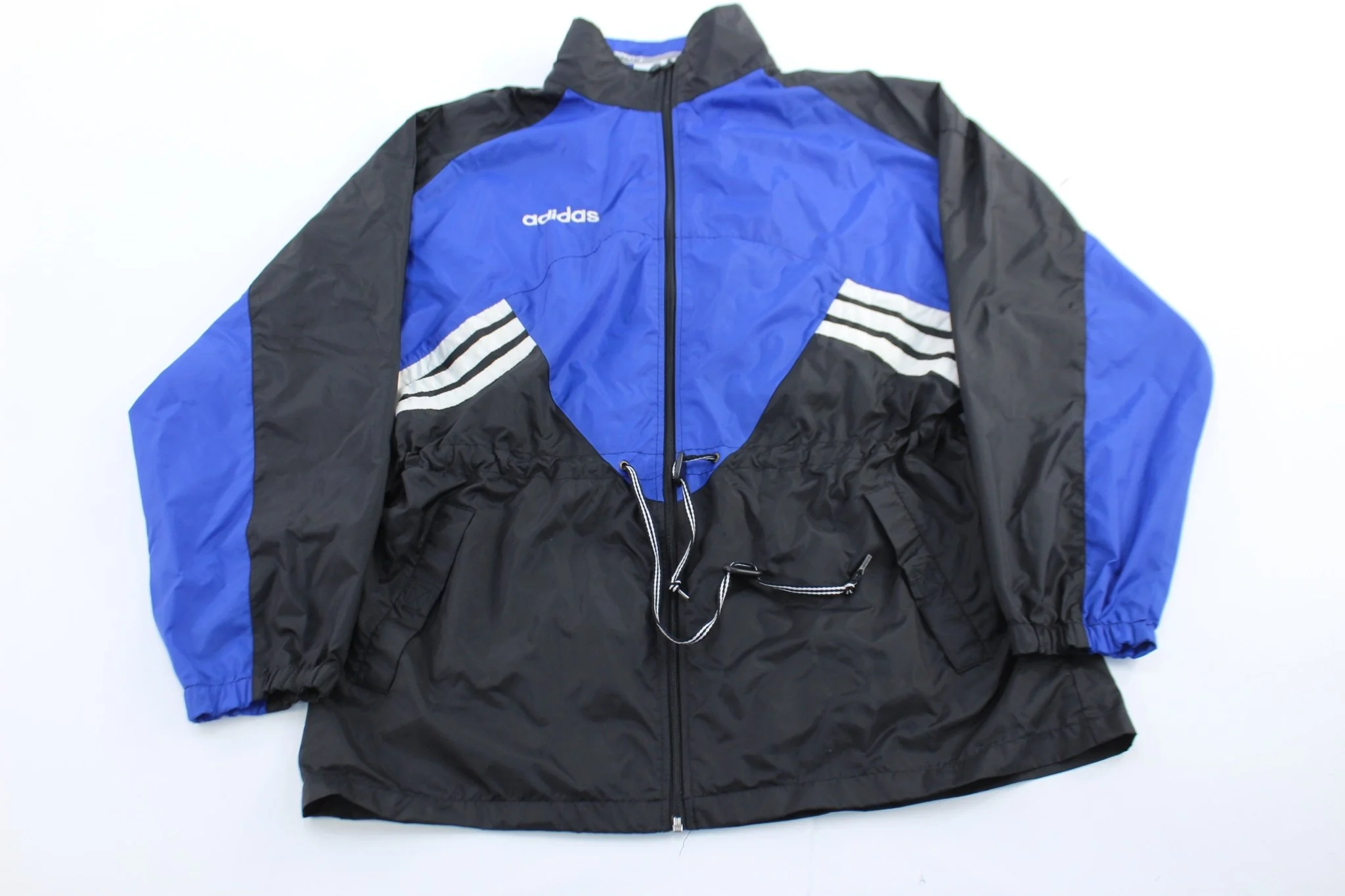 Women's 80's Adidas Embroidered Logo Blue, Black, & White Zip Up Jacket