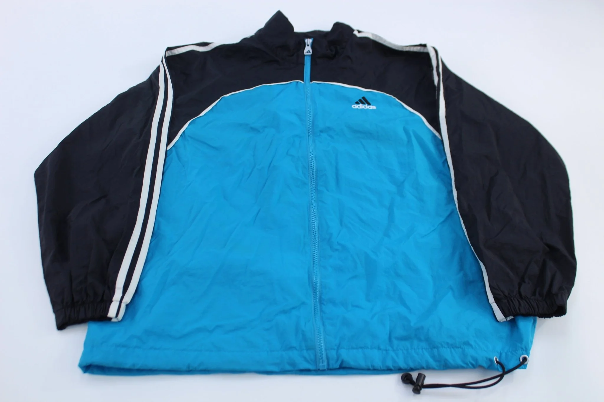 Women's 90's Adidas Embroidered Logo Blue, Black, & White Striped Jacket