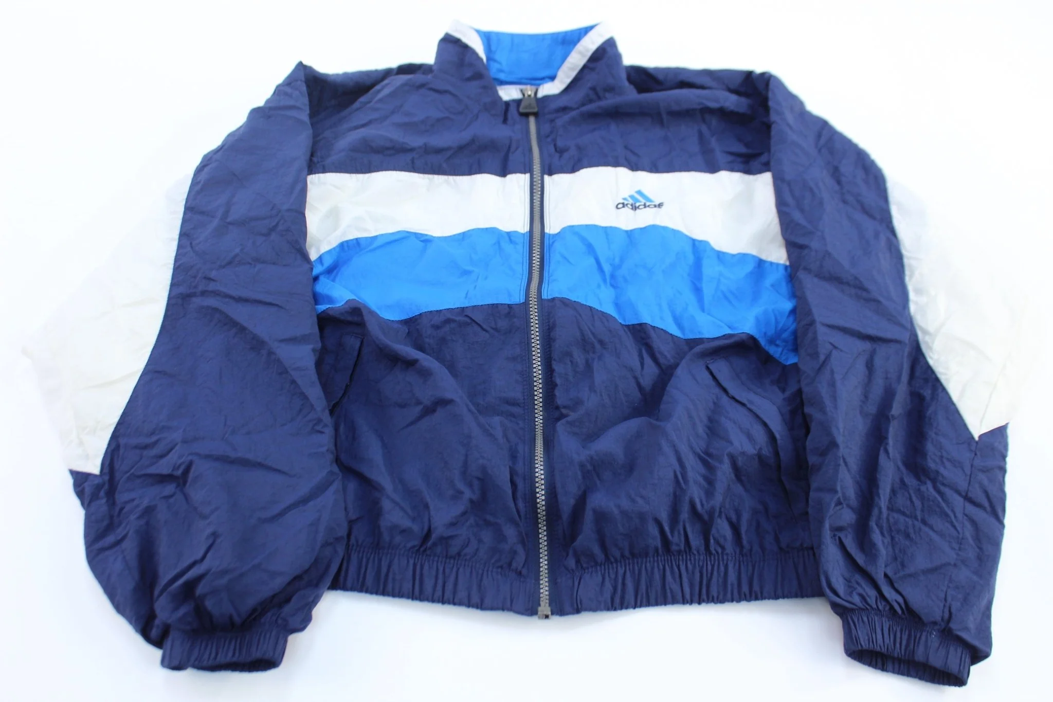 Women's 90's Adidas Embroidered Logo Blue & White Striped Zip Up Jacket