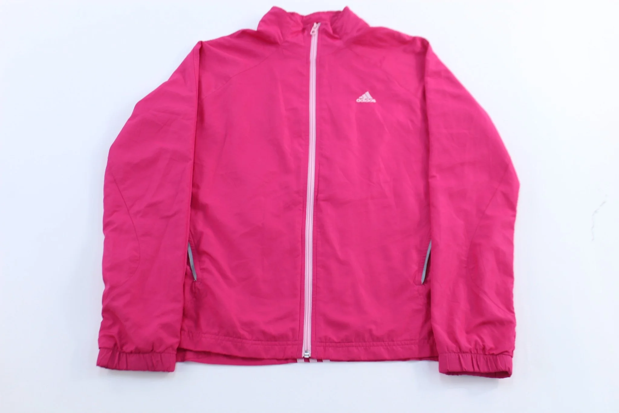 Women's Adidas Embroidered Logo Pink & White Striped Zip Up Jacket