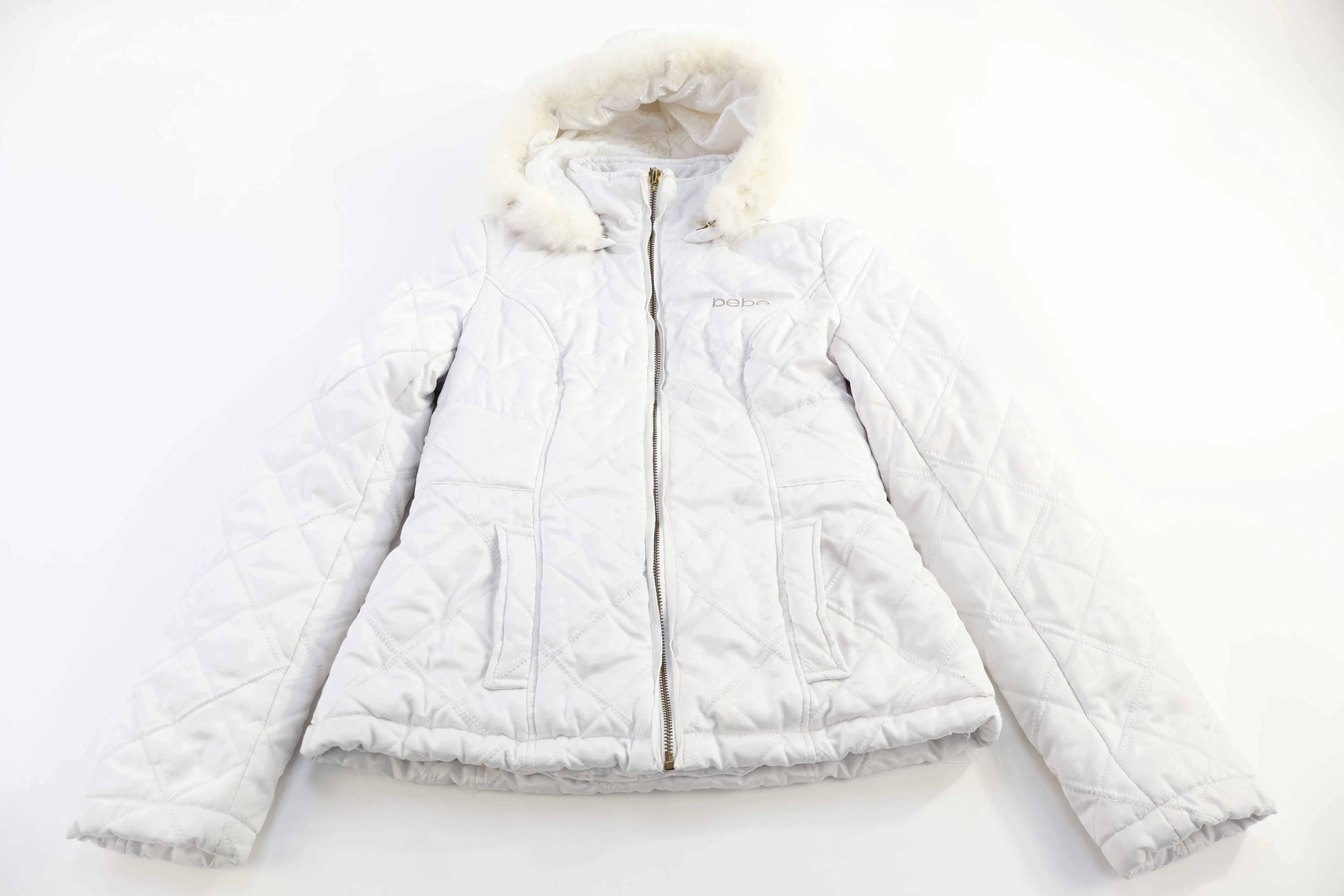 Women's Bebe White Diamond Quilted Full Zip Jacket