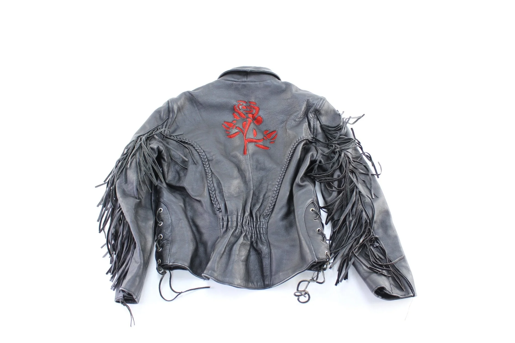 Women's Black Fringed Leather Zip Up Jacket - Image 2
