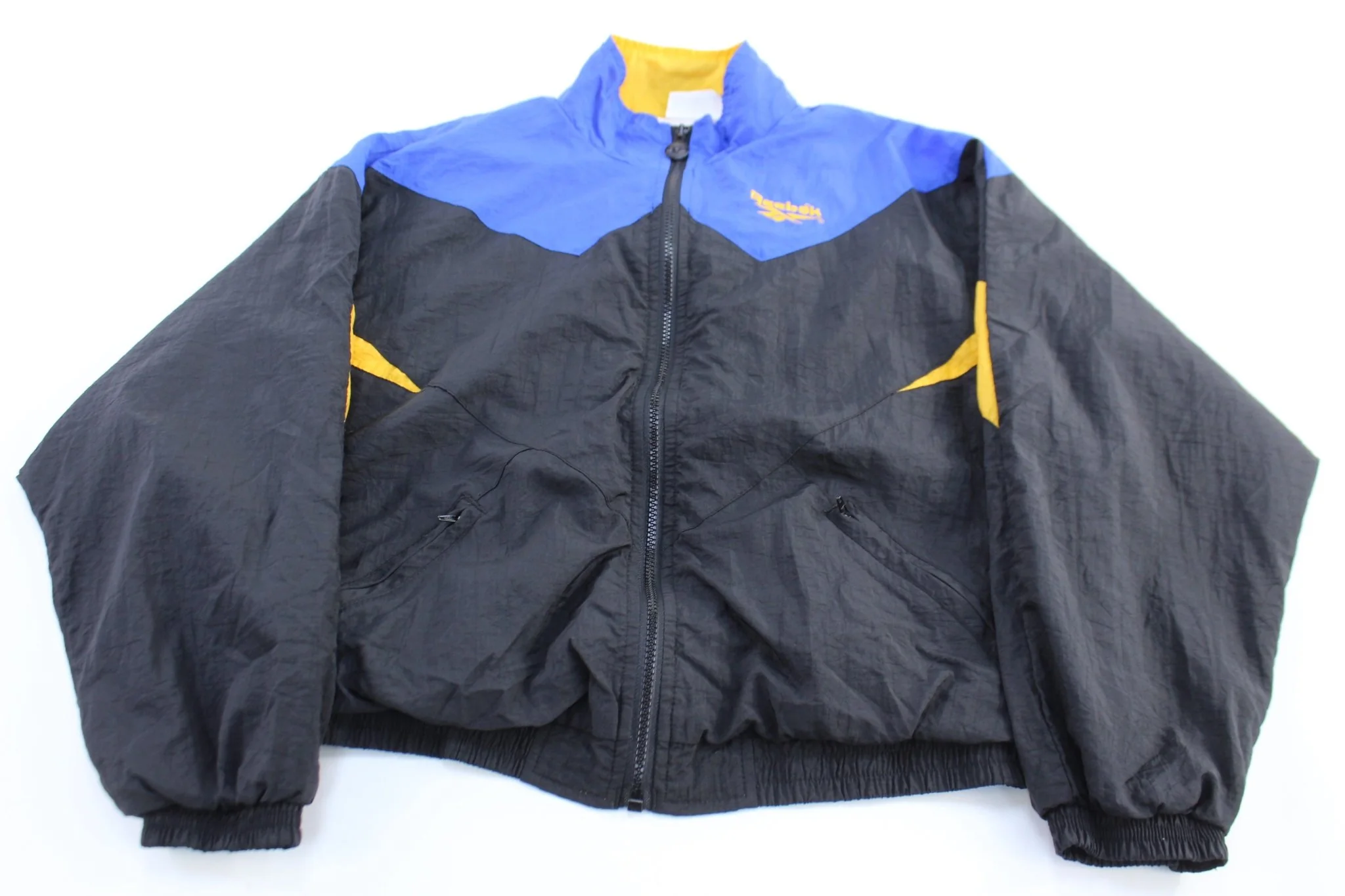 Women's Vintage Reebok Embroidered Logo Blue, Black, & Yellow Zip Up Jacket