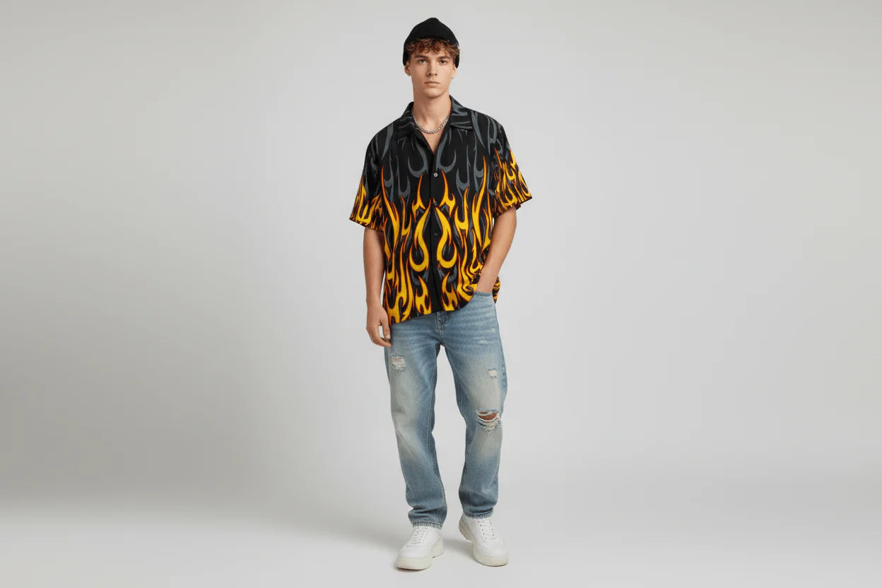 Y2K Sapphire Lounge Flames Graphic Button Down - Image 2