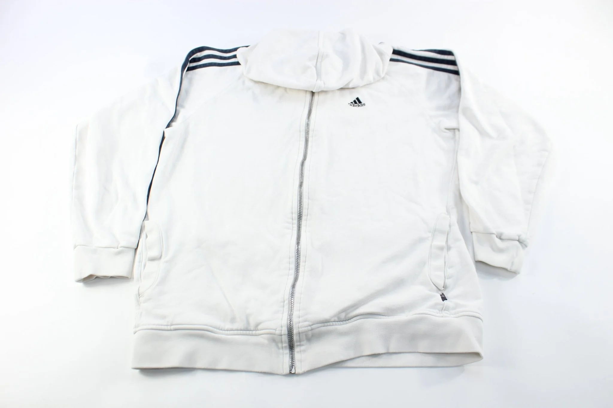 Youth Adidas Embroidered Logo White & Black Striped Zip Up Jacket